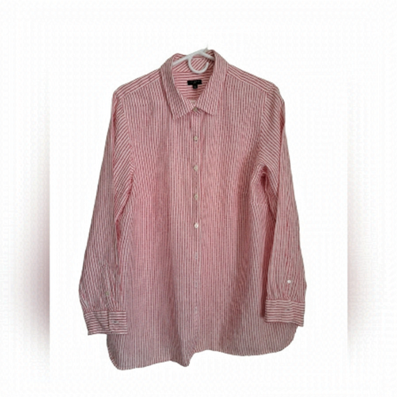 TALBOTS WOMAN 1X linen blouse shirt top red pinstripe darts long sleeve plus sz - Picture 1 of 7